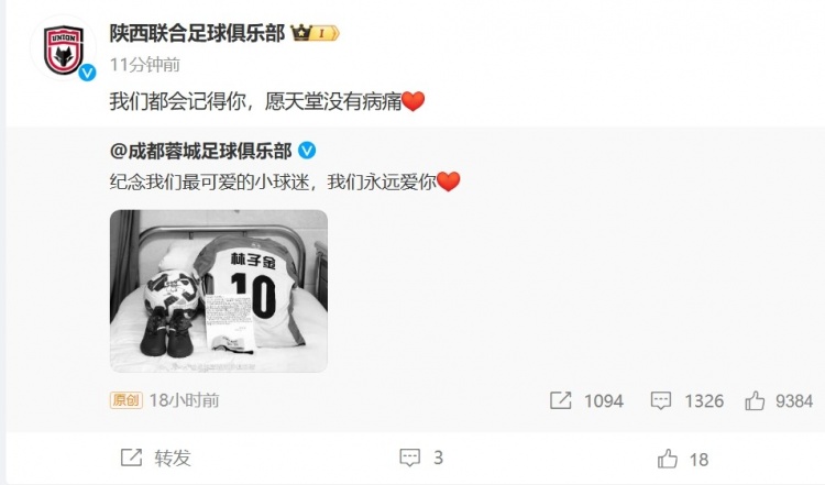 陜西聯(lián)合悼念去世小球迷：我們都會(huì)記得你，愿天堂沒(méi)有病痛