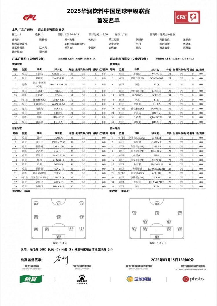 廣州豹vs延邊龍鼎首發(fā)：卡洛斯、羅薩、尼康三外援領(lǐng)銜廣州豹